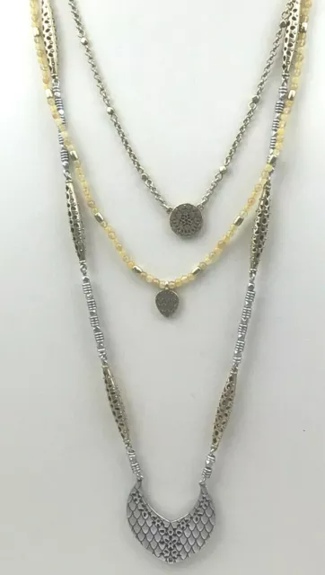 Lucky Brand Necklace Layered Gold Silver Yellow Tribal Look Multi Strand  NO OFF