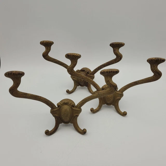 Victorian Double Coat Hat Hook Brass Finish Wall Mount Set of 3 Art Nouveau