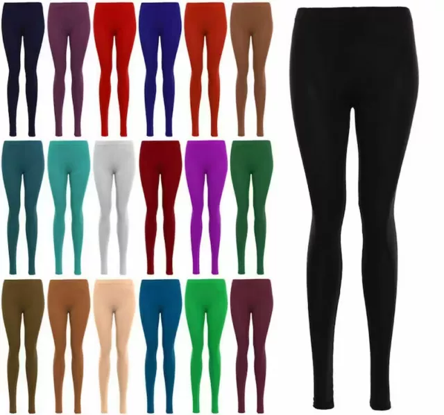 LEGGINGS DA DONNA DONNA COTONE PLAINO LUNGHEZZA INTERA taglie 4-26 NERI + COLORI