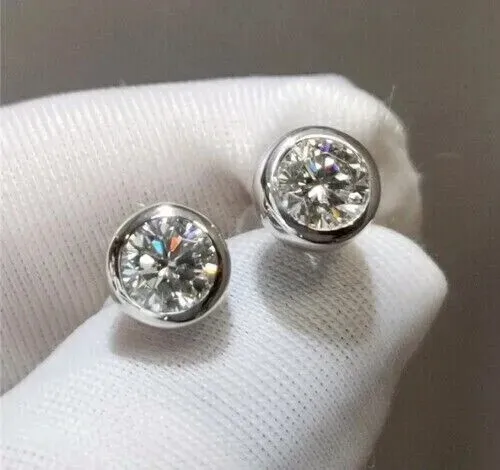 2 CT LAB Created Diamond Bezel Set Round Cut Stud Earrings 14K White ...