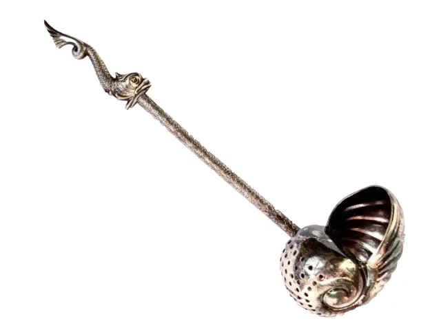 BEAUTIFUL 800 Silver Nautilus Sugar Sifter with Dolphin Stem in Buccellati Style