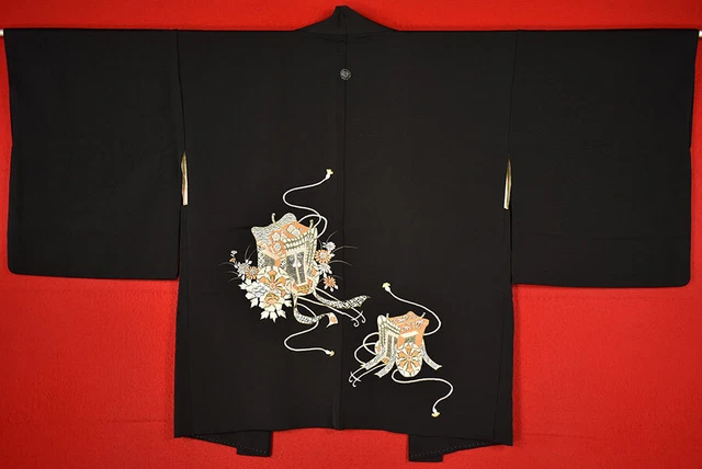 Vintage Japanese Kimono Silk Antique BORO Black HAORI Embroidery/B368/525