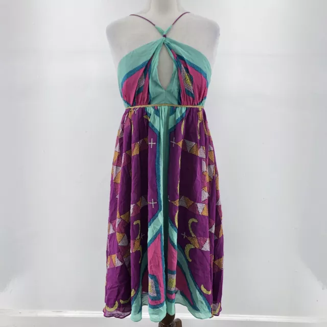 NWT Nicole Miller Purple Silk Halter A-Line Boho Midi Dress Womens Size 10