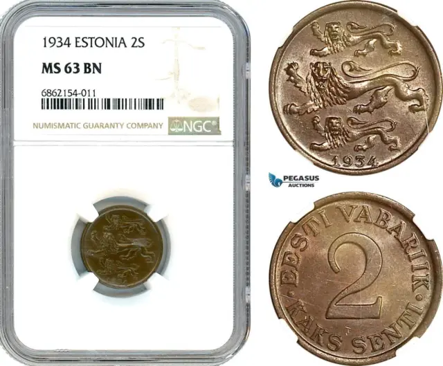 AI856, Estonia, 2 Senti 1934, NGC MS63BN