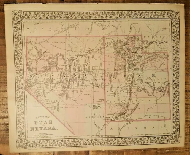 Antique Hand Colored MAP - COUNTY MAP OF UTAH AND NEVADA - 1880