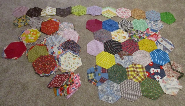 Más de 177 bloques de edredones vintage de retazos de 7"" x 8"" hexágonos - telas de los años 30-60
