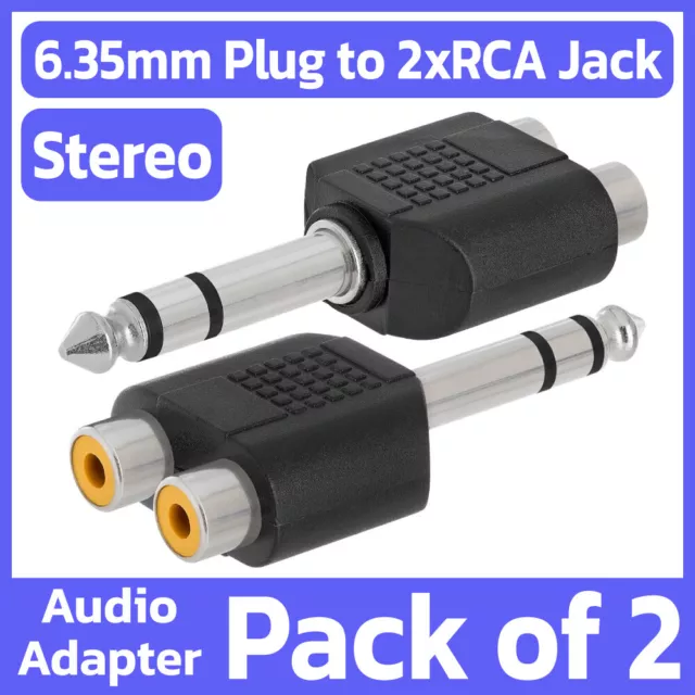 2 Pack 6.35mm Male Plug to 2RCA Female Jack Adapter Mono Audio Straight Splitter