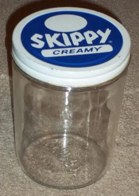 Vintage Skippy Creamy Peanut Butter Glass Jar With Ball Lid, 24 Oz., Embossed