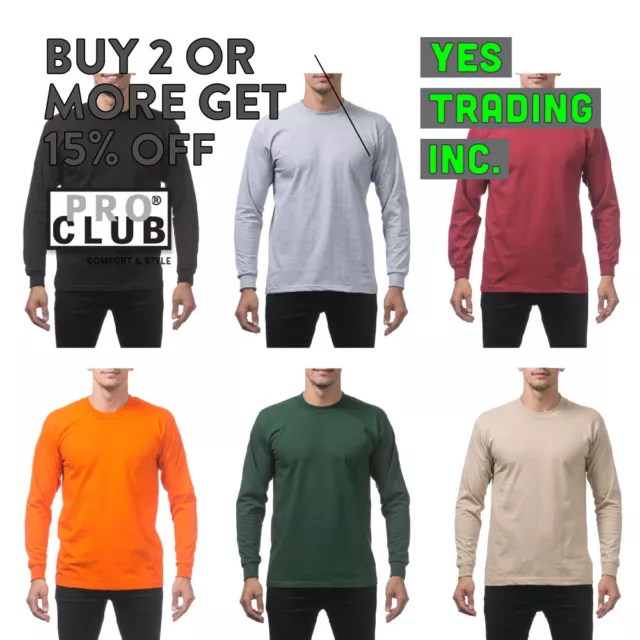 Proclub Pro Club Mens Plain Long Sleeve T Shirt Heavyweight Casual Big And Tall