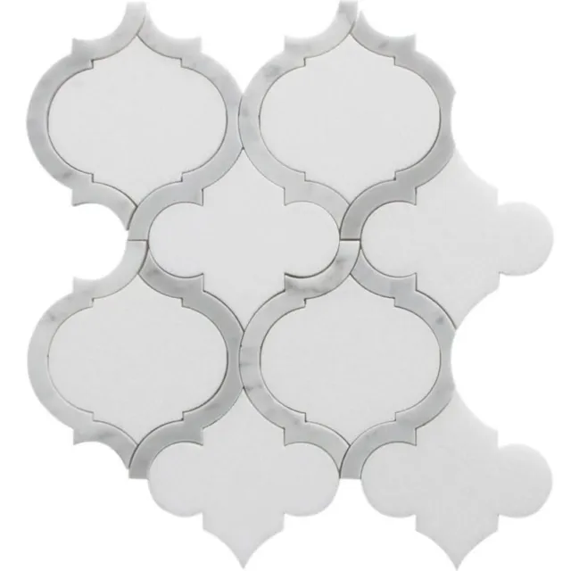 Box of 5 White Thassos & Bianco Carrara Arabesque Marrakech Marble Mosaic Tiles