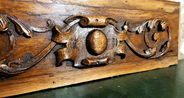 Armorial scroll leaves oak carving pediment Antique french architectural salvage