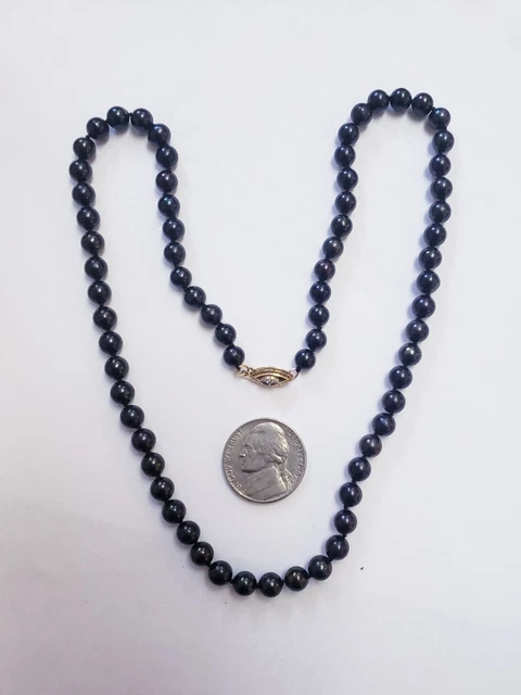 Vintage Genuine Black Dyed Pearl 16" Strand W/14Kt Clasp W/Accent Diamonds
