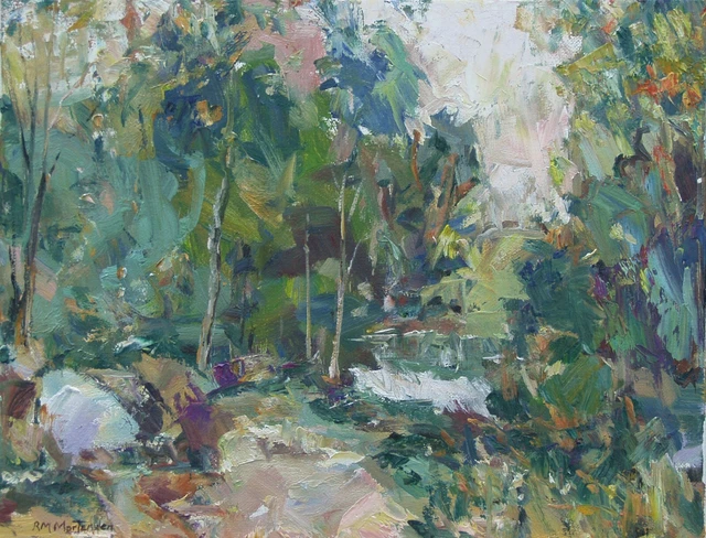 Art Oil Painting RM Mortensen  "River Bank" Landscape Trees Road PAth