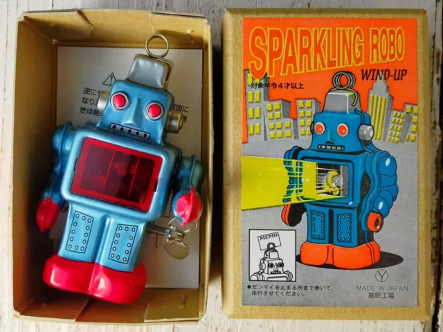 vintage Tin Toy Sparking Robot Wind-Up Spring Action Blue Très Bon Du Japon