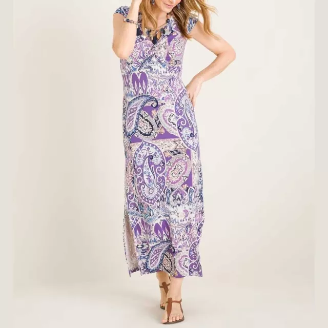 Chico's Paisley Printed Twist-Front Maxi Dress stretch jersey cap sleeve shift