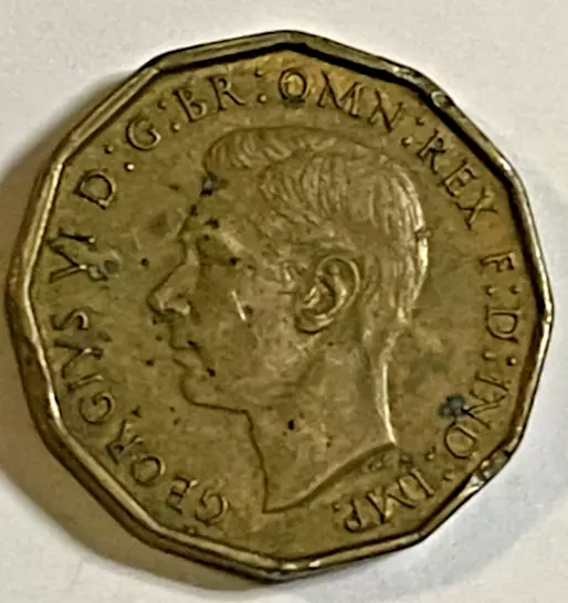 1944 Great Britain 3 pence, George VI, nicer grade, KM-849 12 sided coin