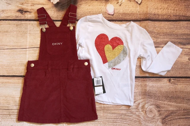 DKNY Girls 5 Burgundy Red Fall Corduroy Jumper Dress & Long Sleeve Tee Set 2pc