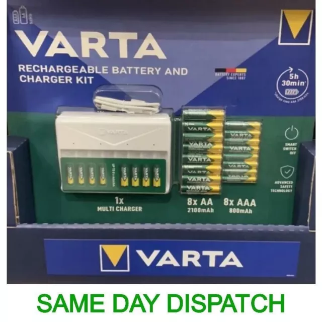 ✅ VARTA Rechargeable Battery & Multi Charger Kit Set 8 AAA, 8 AA Batteries