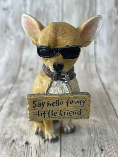 DWK Adorable Tea Cup Chihuahua Dog Statue 4.25"H Holding Humorous Sign