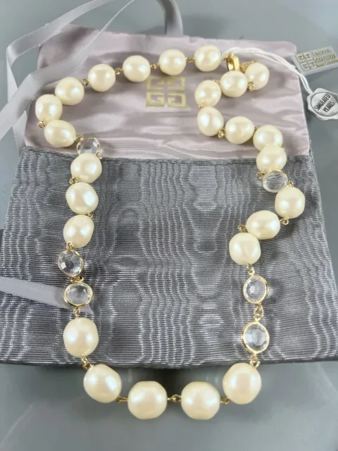 GIVENCHY Vintage Gold Tone 12.3mm Faux Baroque Pearls Crystal Necklace 24”