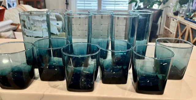 Vtg MCM Anchor Hocking Rio Coastal Blue Flat Tumblers  Glasses set Of 12