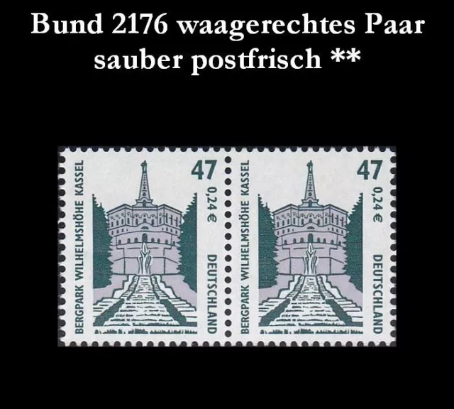 Bund 2001 Mi 2176 waagerechtes Paar Wilhelmshöhe Kassel 47 Pf 0,24€ postfrisch