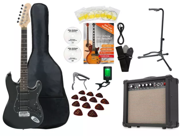 Pack Guitare Électrique Kit Stratocaster Noir Amplificateur 15W Housse Statif