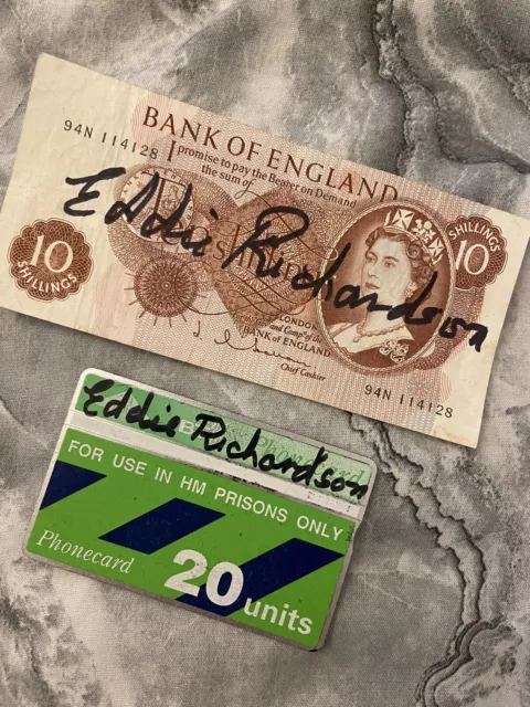Eddie Richardson Hand Signed Prison Phone Card & 10 Shilling Note / 1960s Crime