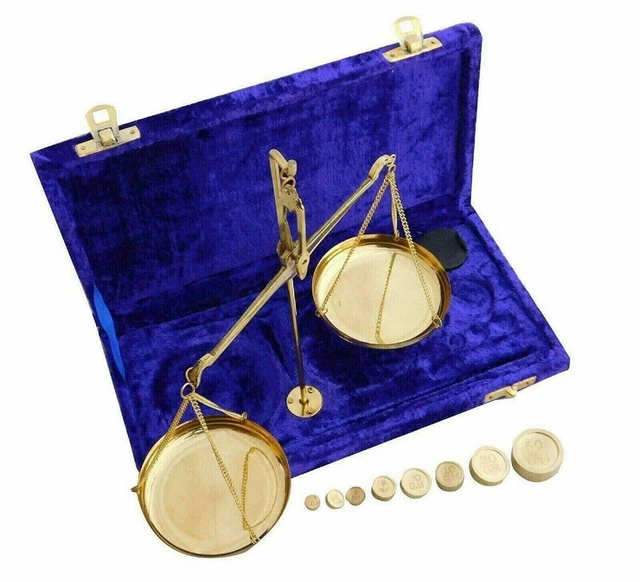 Báscula de joyería de latón dorado vintage con caja de terciopelo y balanza...