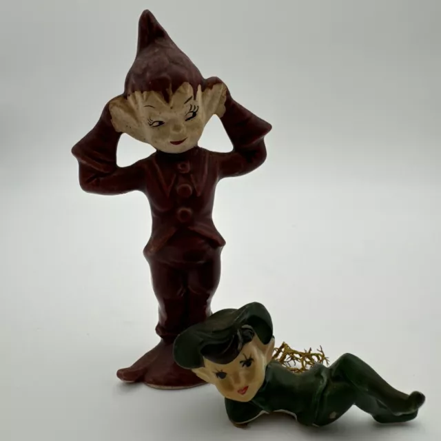 2 Vintage Pixie Figurines Gilner Pottery Green Pixie Elf Antique Figures