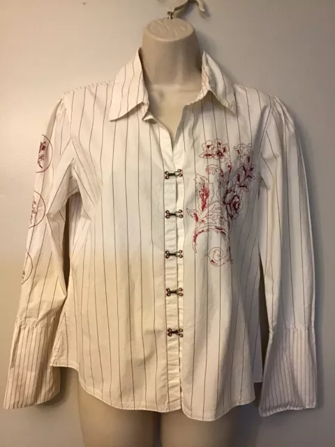 Johnny Was Collection Shirt Blouse Stripe Long Sleeves Hook & Eye Size Petite S 2