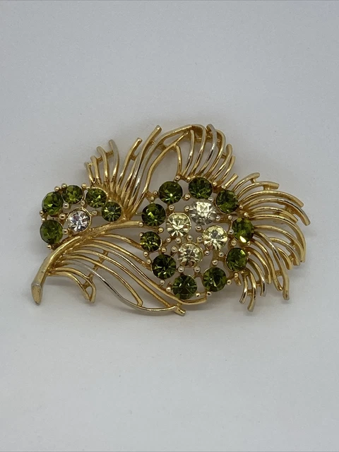 VTG Lisner Gold Tone Peacock Feather Brooch Pin Green & Clear Glass Rhinestone