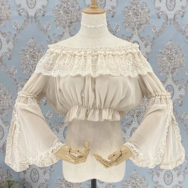 Japanese Girl Lolita Blouse T-shirt Crop Tops Women Lace Ruffle Long Sleeve Cute