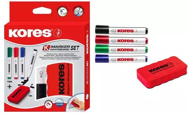 4er Etui KORES Whiteboardmarker KEILSPITZE Schwamm Tafellöscher Flipchartmarker