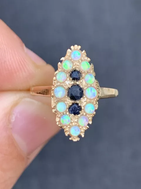 9ct Gold Opal & Sapphire Victorian Style Cluster Ring, 9k 375