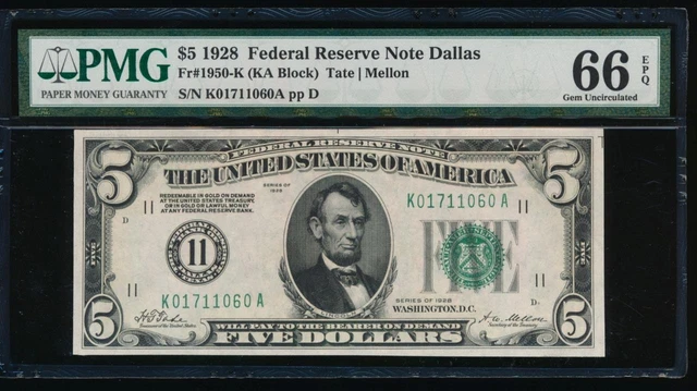 AC NUMERICAL 1928 $5 Dallas FRN PMG 66 EPQ gold clause Fr 1950-K