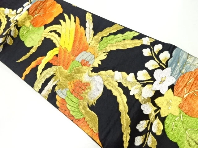 45239# Japanese Kimono / Antique Fukuro Obi / Woven Phoenix With Paulownia
