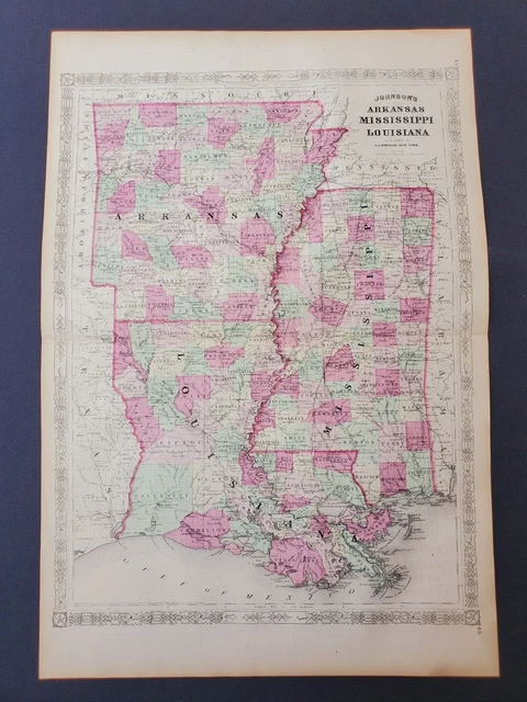 1866 Johnson Atlas Map Louisiana Mississippi Arkansas Rare Large Antique