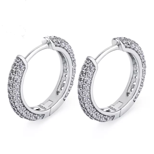 Men's White Gold Plated Small Thin 3D 925 Sterling Silver Iced CZ Hoop Earrings