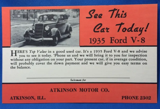 1935 FORD V-8 Atkinson Motor Co. Ill AUTO Advertising Sales Postcard Original