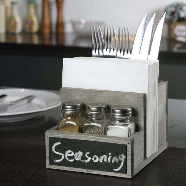 Gray Wood Caddy with Utensil Organizer, Napkin Holder, 3 Shakers and Chalkboard