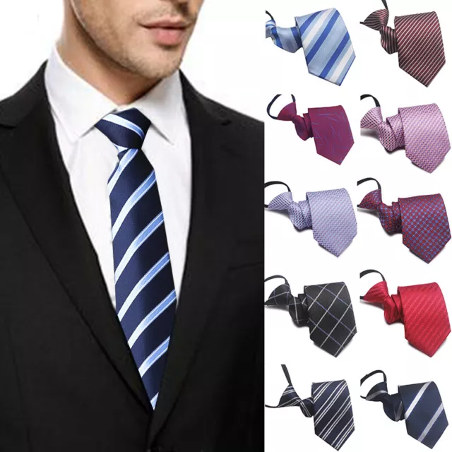 Mens Ties Solid Striped Dot Check Lazy Zipper Necktie Formal Business Wedding CA