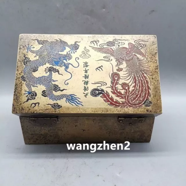 Old Chinese Antique brass jewelry box Dragon and Phoenix pattern box