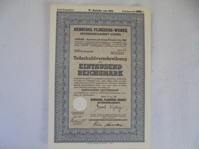 Teilschuldverschreibung, Henschel Flugzeug-Werke über 1000 Reichsmark (1943)