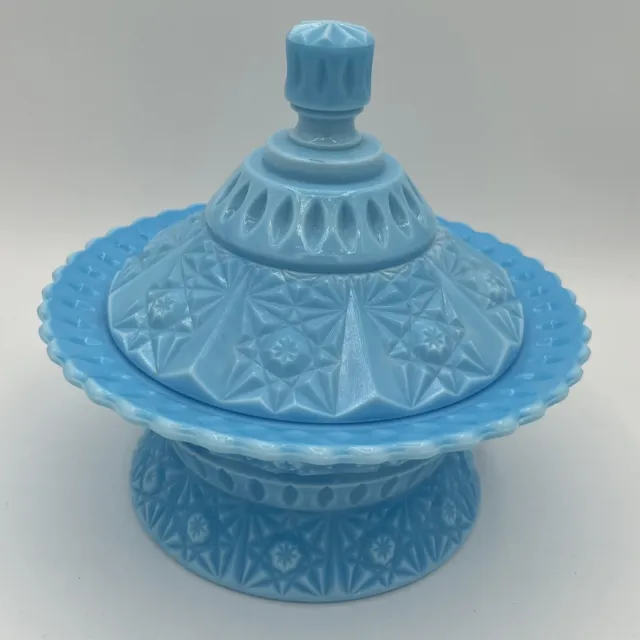 Rare Westmoreland Blue Milk Glass Covered Candy Dish Compote Beautiful Vintage