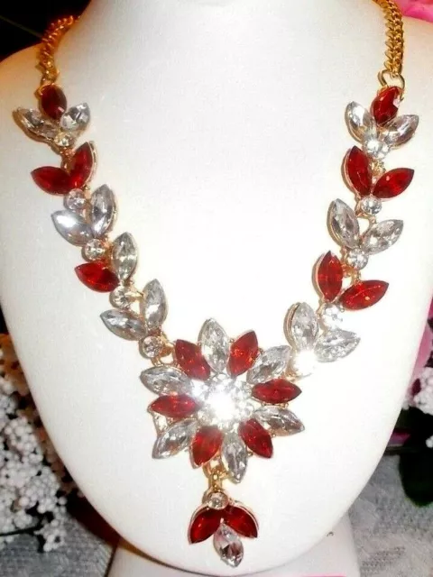 Betsey Johnson Elegant Red Crystal & Rhinestone Flower Leaf Chain Necklace