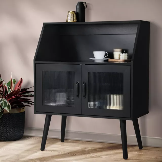 Oikiture Buffet Sideboard Storage Cabinet Fluted Door Cupboard Table Black