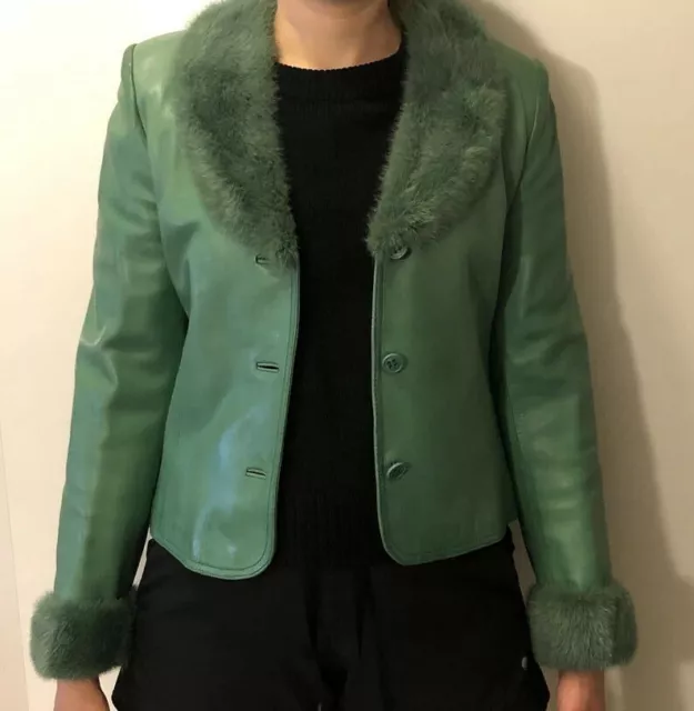 Women Real Vintage Green Lambskin Leather Shearling Jacket Handmade Slim Fit