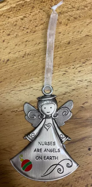 Nurses are Angels on Earth CHRISTMAS Metal Silver ORNAMENT Ganz 3" NOS