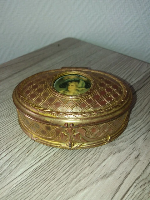 Boîte à Bijoux Vintage Avec Peinture Miniature – Bronze Doré Et Velours Intérieur